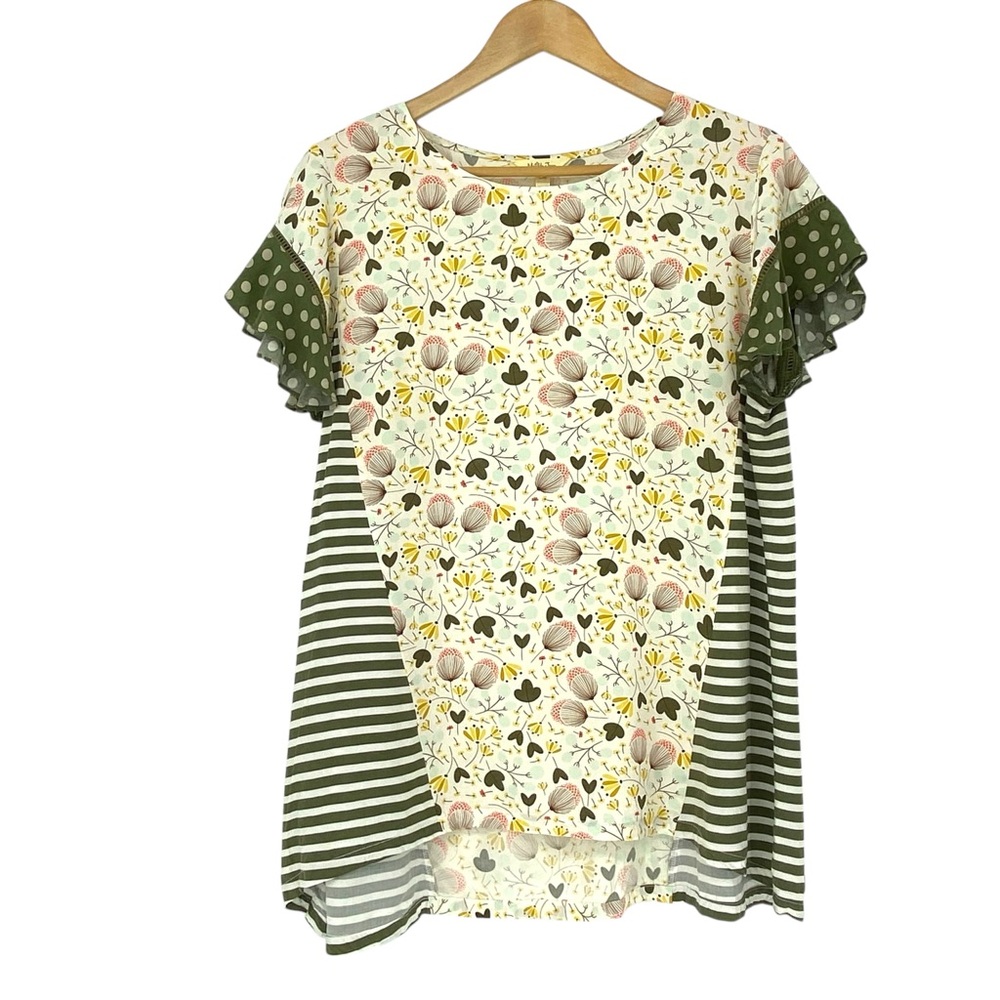 Matilda Jane Gentle Breeze Top Size L Floral Stripe Ruffle Short Sleeves Rayon - Picture 2 of 13